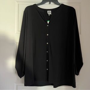 Anne Klein Black Blouse with Silver Buttons and Cropped Sleeves Size L